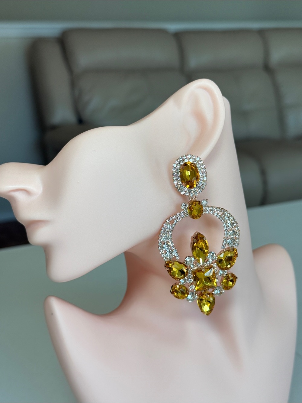 Gold Crystal Statement Drop Earrings - Yellow Gem Accents